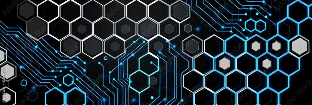 Poster white and blue hexagons on the left side, connected by lines representing a technology on a black co