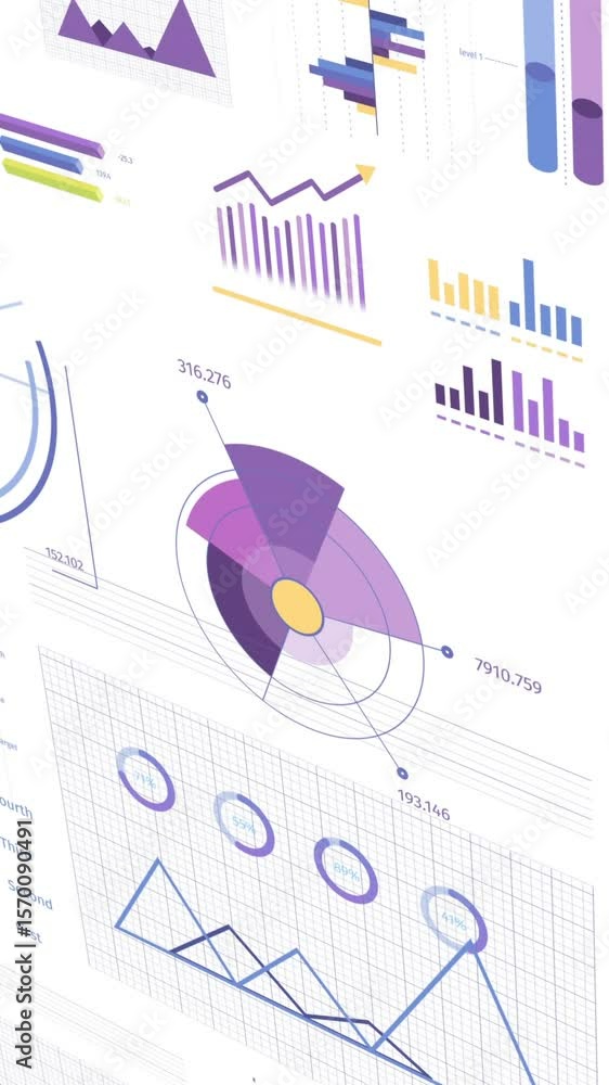 Poster animation of statistics and financial data processing over white background