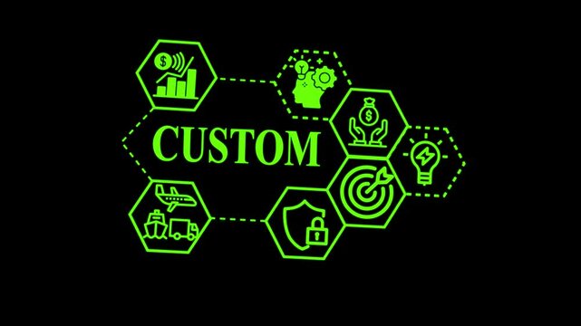 Business Customs concept animation on abstract technology background,global trade and logistics concept with international shipment and customs on black background.