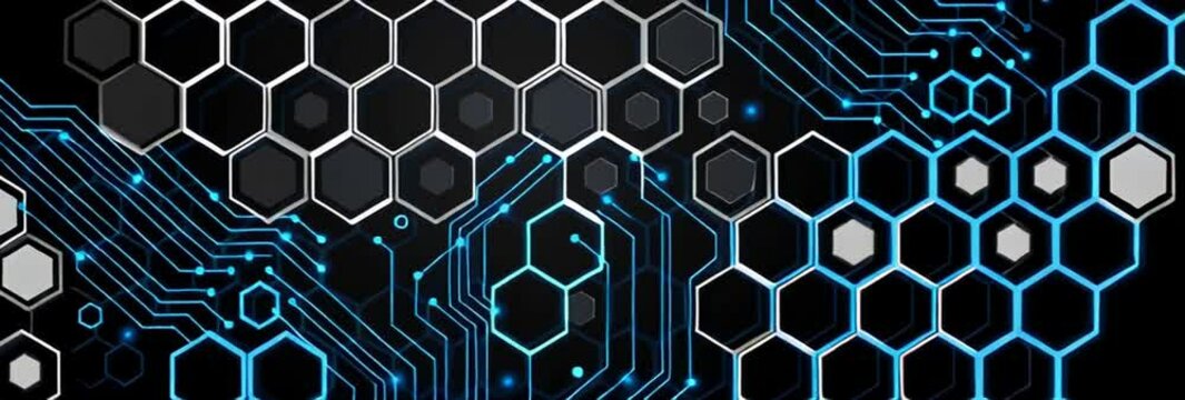 white and blue hexagons on the left side, connected by lines representing a technology on a black color background. Black color background, white color, and blue color theme Generative AI