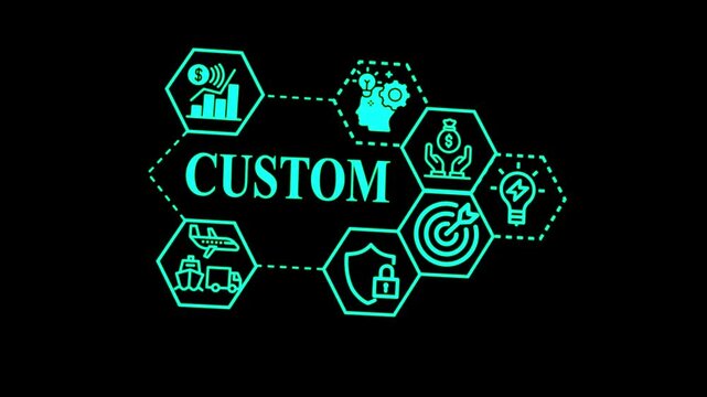 Business Customs concept animation on abstract technology background,global trade and logistics concept with international shipment and customs on black background.