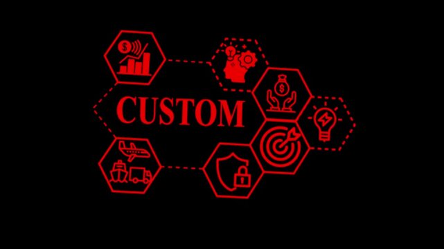Business Customs concept animation on abstract technology background,global trade and logistics concept with international shipment and customs on black background.