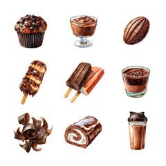 Delicious assortment of chocolate desserts including cakes, ice creams, and pastries. Chocolate isolated on white background, Transparent Background