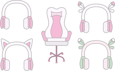 Gamer girl chair and headset set, 4 styles. Pink and green set 