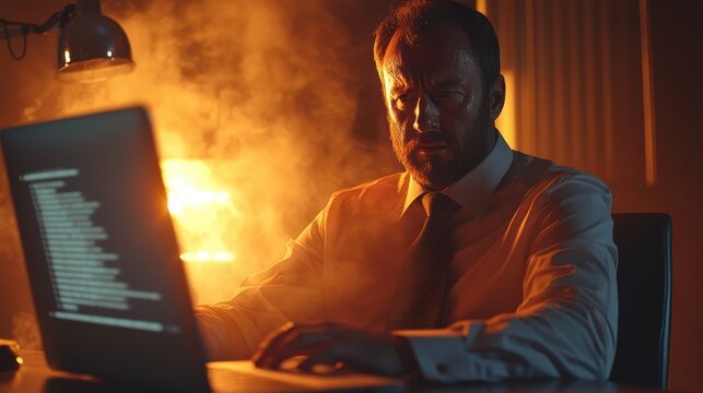 Man in a business shirt working on a laptop during the night with a strange orange glow in the background showing through the window