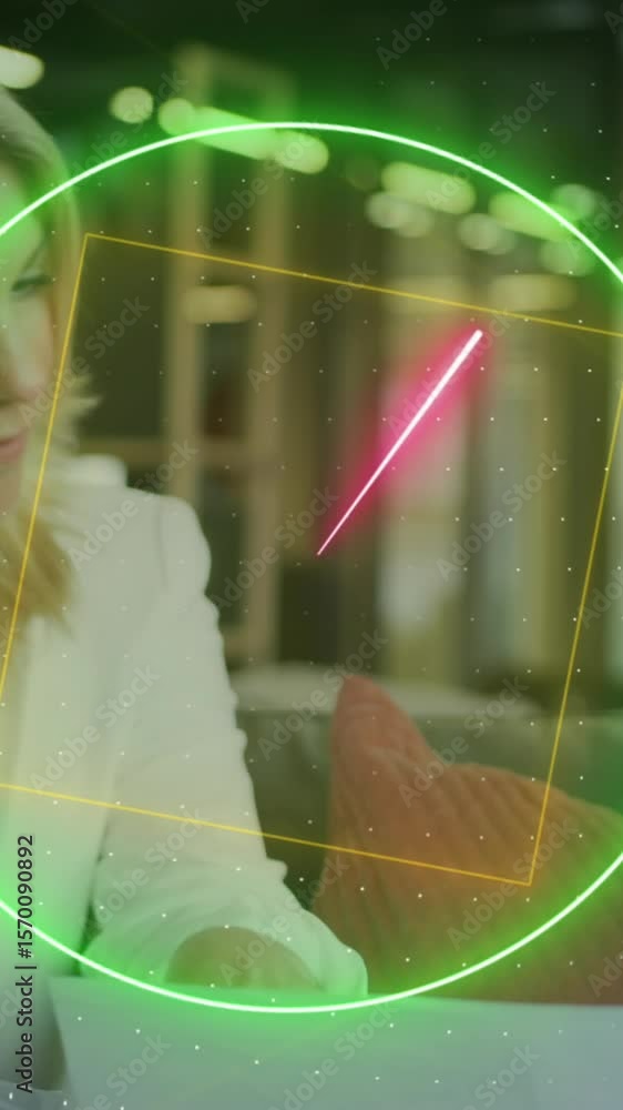 Poster animation of glowing circle and data processing over diverse business people working in office