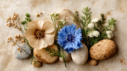 Nature-Inspired Flat Lay with Wildflowers and Pebbles on Rustic Background