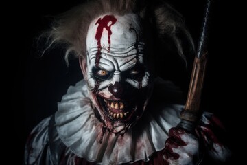 Portrait of a scary clown. Halloween. Horror. Black background. Halloween theme. Evil Clown. Horror movie Concept. Halloween Concept with Copy Space.