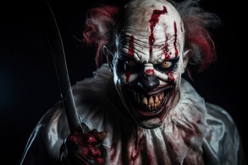 Scary scary clown with a knife in blood on a black background. Halloween theme. Evil Clown. Horror movie Concept. Halloween Concept with Copy Space.