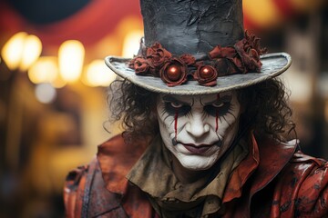 Portrait of a scary clown in the carnival. Halloween. Halloween theme. Evil Clown. Horror movie Concept. Halloween Concept with Copy Space.