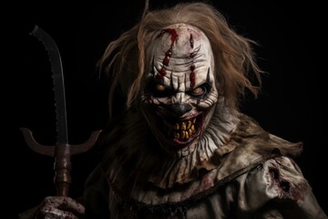 Scary zombie on black background. Horror movie. Halloween concept. Halloween theme. Evil Clown. Horror movie Concept. Halloween Concept with Copy Space.