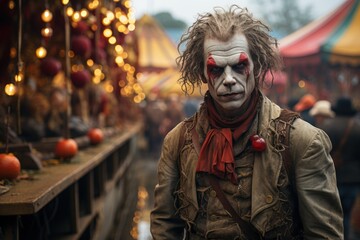 Portrait of a scary clown at the carnival. Halloween. Halloween theme. Evil Clown. Horror movie Concept. Halloween Concept with Copy Space.