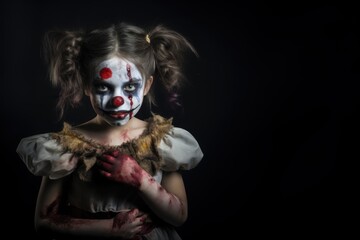 Portrait of a little girl with a clown makeup on a black background. Halloween theme. Evil Clown. Horror movie Concept. Halloween Concept with Copy Space.