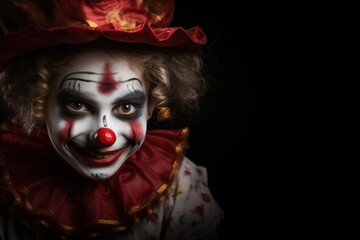 Close-up portrait of a scary clown on a black background. Halloween theme. Evil Clown. Horror movie Concept. Halloween Concept with Copy Space.