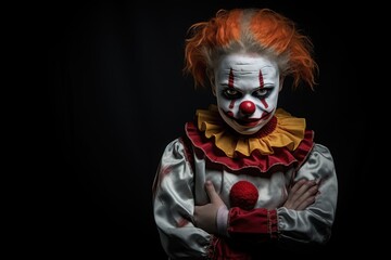 Portrait of a scary clown with red hair on a black background. Halloween theme. Evil Clown. Horror movie Concept. Halloween Concept with Copy Space.