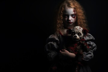 Portrait of a girl with a doll on a black background. Halloween. Halloween theme. Evil Clown. Horror movie Concept. Halloween Concept with Copy Space.