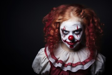 Portrait of a scary clown with red hair on a black background. Halloween theme. Evil Clown. Horror movie Concept. Halloween Concept with Copy Space.