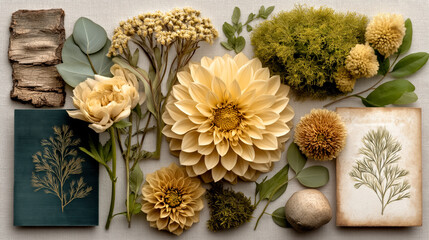 Vintage Botanical Flat Lay with Dried Flowers, Leaves, and Natural Textures for Art and Design
