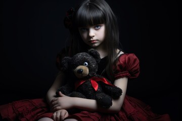Little girl in a red dress with a teddy bear on a black background. Halloween theme. Evil Clown. Horror movie Concept. Halloween Concept with Copy Space.