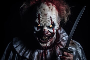 Portrait of a scary clown with a knife on a black background. Halloween theme. Evil Clown. Horror movie Concept. Halloween Concept with Copy Space.
