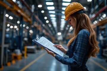 Young woman in hard hat reviews clipboard data at manufacturing factory for quality assurance