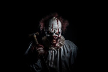 Scary halloween clown with a hammer on a black background. Halloween theme. Evil Clown. Horror movie Concept. Halloween Concept with Copy Space.