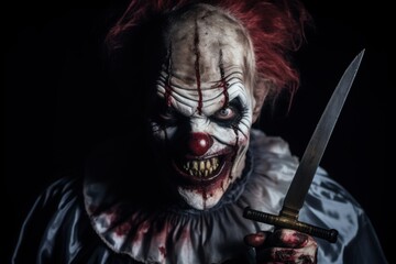 Portrait of a scary clown with a knife on a black background. Halloween theme. Evil Clown. Horror movie Concept. Halloween Concept with Copy Space.