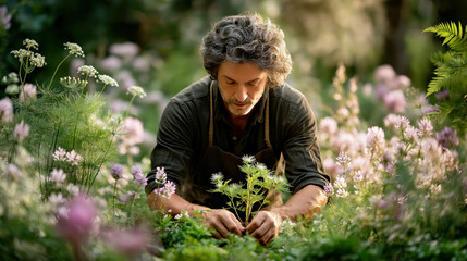 Fototapeta premium Man Caring for Lush Garden Plants in Serene Floral Environment