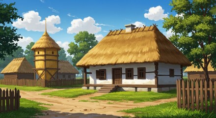 Rural Village Scene Thatched Roof Houses Granary and Lush Greenery