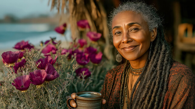 Serene Elderly Woman with Gray Dreadlocks Enjoying Coffee by Vibrant Flowers at Beach