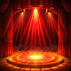 Dramatic red stage with glowing circular platform and spotlights
