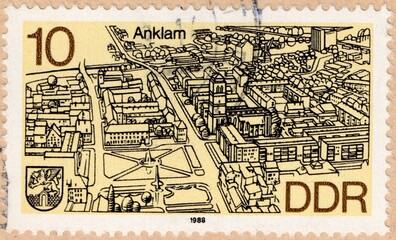 Cityscape of Anklam on a 1988 GDR postage stamp.