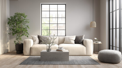 Stylish and cozy living room showcasing clean lines, neutral color palette, and elegant indoor greenery &mdash; the perfect blend of simplicity and comfort