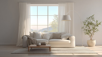 Stylish and cozy living room showcasing clean lines, neutral color palette, and elegant indoor greenery &mdash; the perfect blend of simplicity and comfort