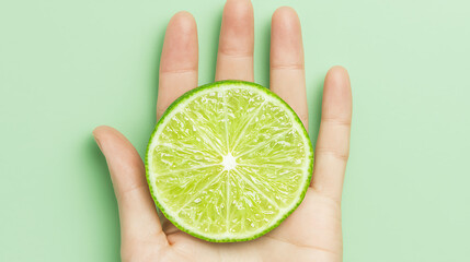 Holding a Fresh Lime Slice: A vibrant green citrus slice rests on an open palm against a matching background. Perfect for summer themes and healthy lifestyle.