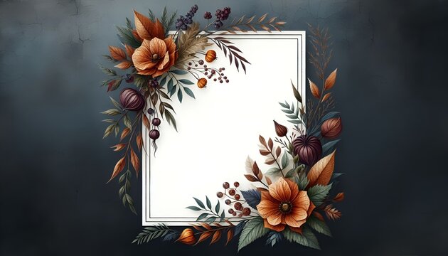beautiful autumn-themed floral frame with flowers and berries