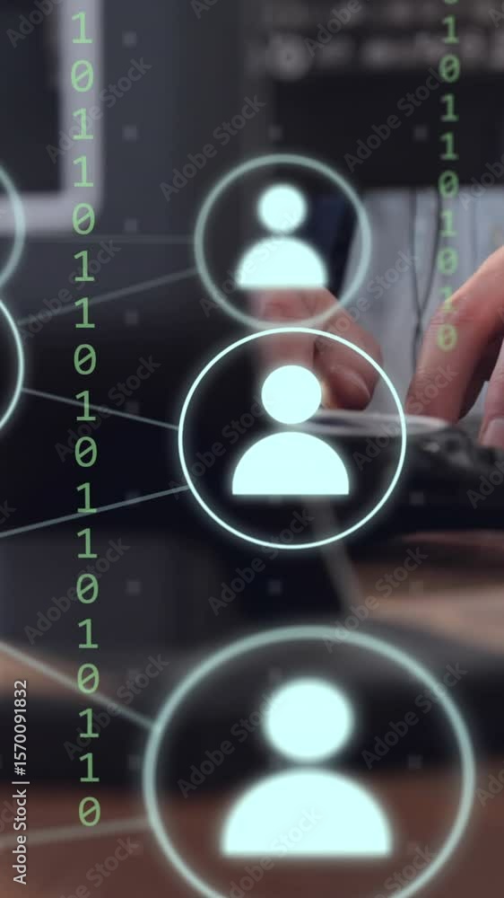 Poster animation of icons and data processing over businessman using computer working in office