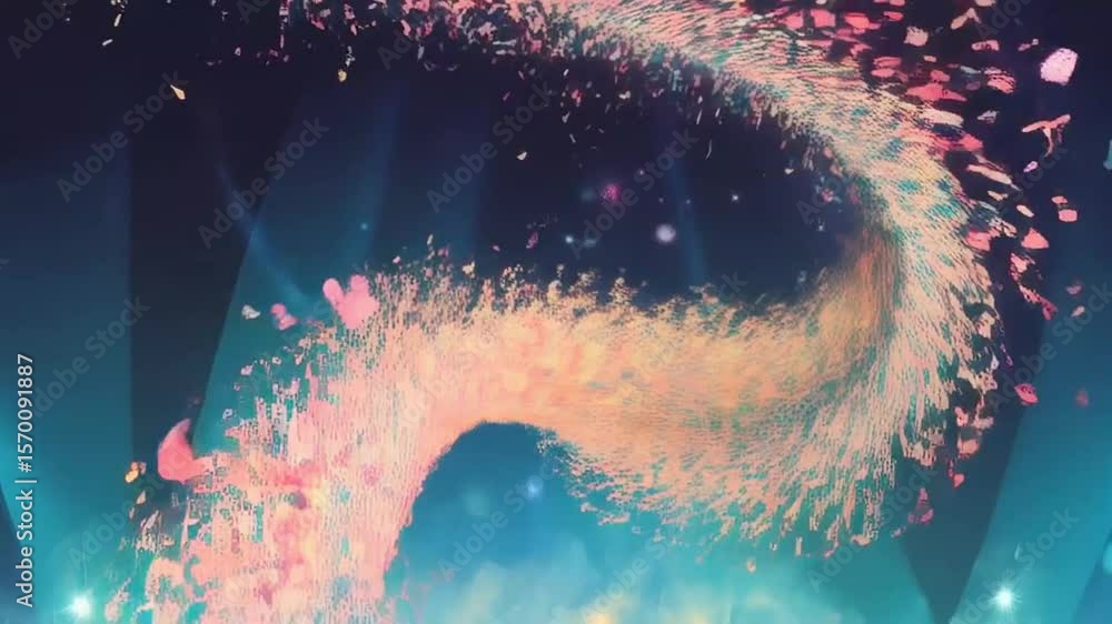 Poster a swirling vortex of confetti and light on a stage with a blue and pink color scheme background