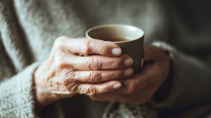 Senior woman's weathered hands holding steaming teacup, soft light illuminating gentle gesture of comfort and tranquility at home