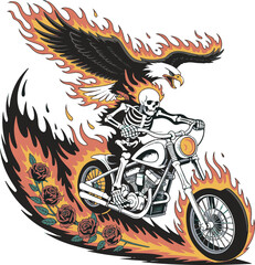 Skeleton biker riding flaming motorcycle with eagle and roses graphic illustration vector