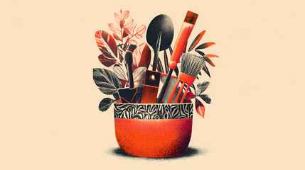 fractured iconography. | sharp edge masking | mid-century advertising | brutalist graphics | Flower pot with trowel and rake. gardening tools and supplies. hand drawn watercolor illustration,
