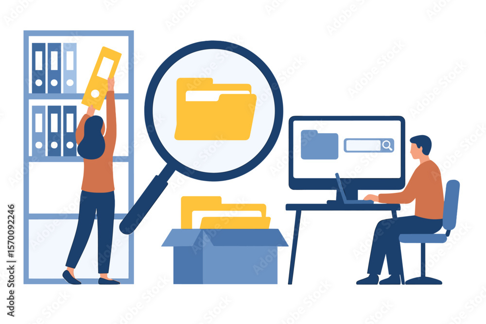 Poster individuals are retrieving documents from shelves, utilizing a magnifying glass, and scouring files 