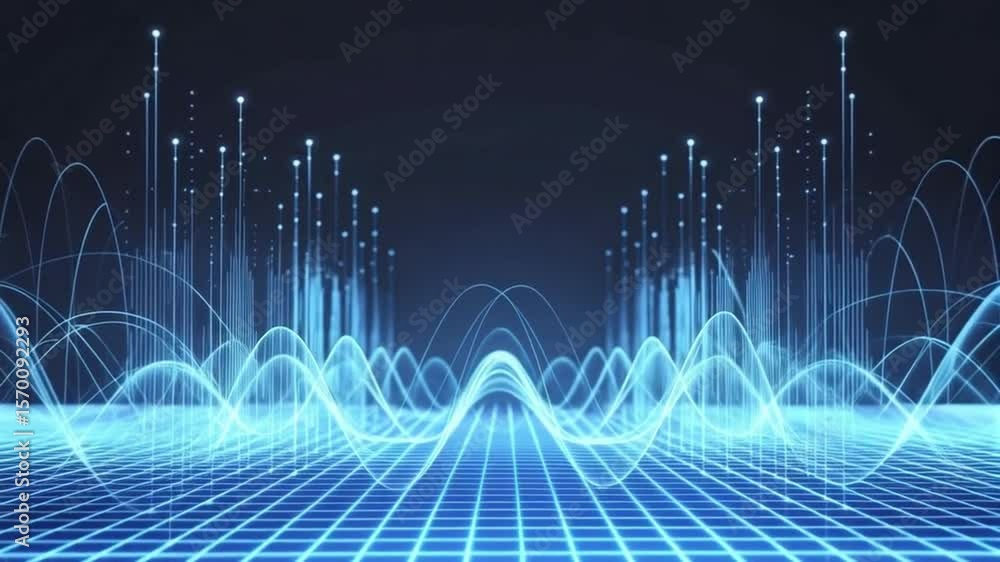 Poster abstract blue wave patterns with vertical lines and glowing dots on a dark blue background