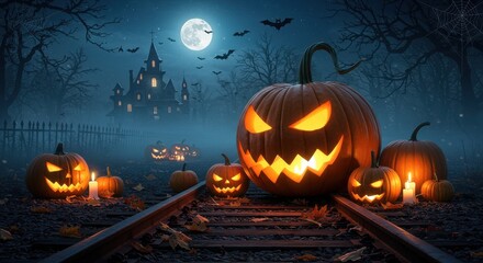 Halloween Night JackoLanterns on the Railroad Tracks