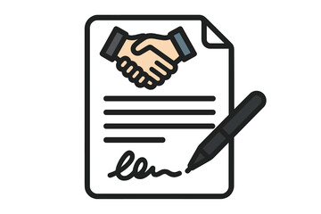 The contract icon represents agreement and signature, pact, accord, and convention symbol in a flat style