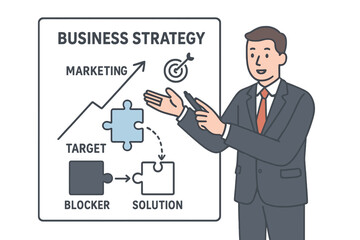 Naklejka premium A smart businessman is presenting a winning strategy to achieve targets on a whiteboard, incorporating business strategy planning and marketing tactics to overcome project blockers and ensure success