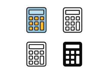 A small calculator icon is available in filled, thin line, outline, and stroke styles, as a vector illustration