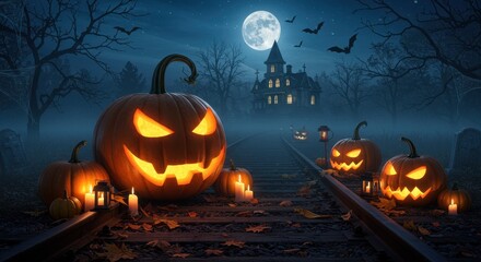 Spooky Halloween Night Jackolanterns on the Railroad Tracks