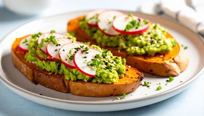 Sweet Potato Toast with Avocado and Radish. Healthy Food Concept
