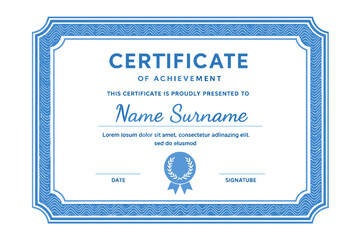 A contemporary blue certificate template and border is available for awards, diplomas, and printing purposes